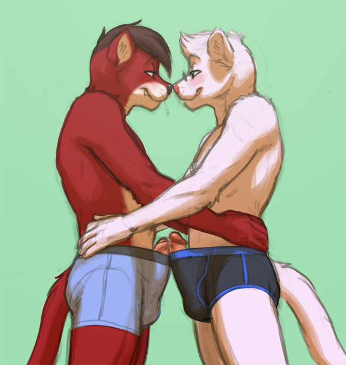 blush bulge couple duo embrace erection eskimo_kiss frottage fur gay hug humanoid_penis male mammal meesh mouse mustelid nose_bump penis pop_out red_fur rodent uncut underwear weasel whiskers white_fur