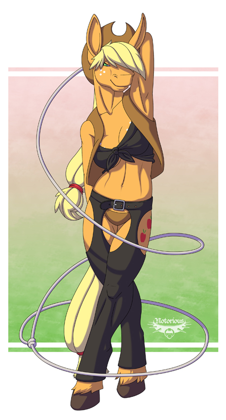 anthro anthrofied applejack_(mlp) big_breasts blonde_hair breasts cleavage clothed clothing cutie_mark earth_pony equine female friendship_is_magic hair horse lasso mammal my_little_pony navel notorious84 pony smile solo tight_clothing