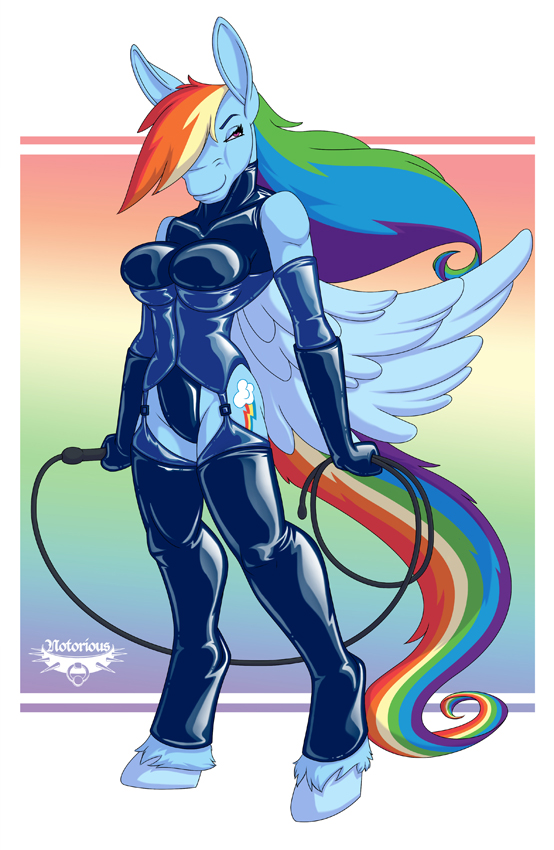 anthro anthrofied big_breasts blue_feathers blue_fur breasts clothing cutie_mark equine feathered_wings feathers female friendship_is_magic fur hair mammal multicolored_hair multicolored_tail my_little_pony notorious84 pegasus rainbow_dash_(mlp) rainbow_hair rainbow_tail smile solo tight_clothing whip wings