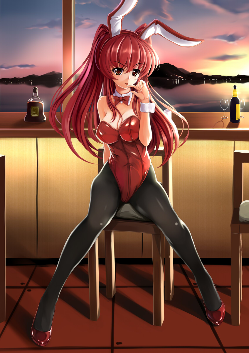 alcohol animal_ears bar bare_shoulders blush bow bowtie breasts bunny_ears bunny_girl bunnysuit chair cleavage cup detached_collar drinking_glass highres kousaka_tamaki lake large_breasts liquor long_hair one_eye_closed pantyhose red_eyes red_hair solo sunset to_heart_2 window wine wine_glass wrist_cuffs yumemi_(kiowa)