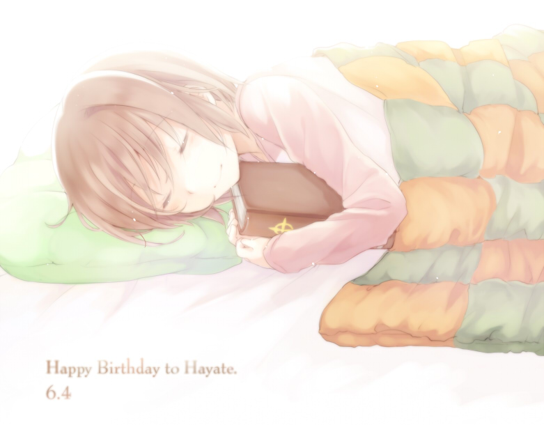 bed brown_hair closed_eyes dated english happy_birthday holding long_sleeves lying lyrical_nanoha mahou_shoujo_lyrical_nanoha mahou_shoujo_lyrical_nanoha_a's on_side pajamas pillow quilt sleeping smile solo takana tome_of_the_night_sky