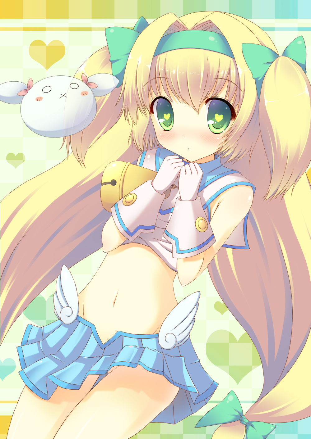 :x bare_shoulders bell blazblue blonde_hair blush bow checkered checkered_background gloves green_eyes hair_bow hairband heart heart-shaped_pupils heart_background highres long_hair looking_at_viewer low-tied_long_hair midriff navel patterned_background platinum_the_trinity quad_tails ribbon skirt solo symbol-shaped_pupils taiki_ken two_side_up very_long_hair