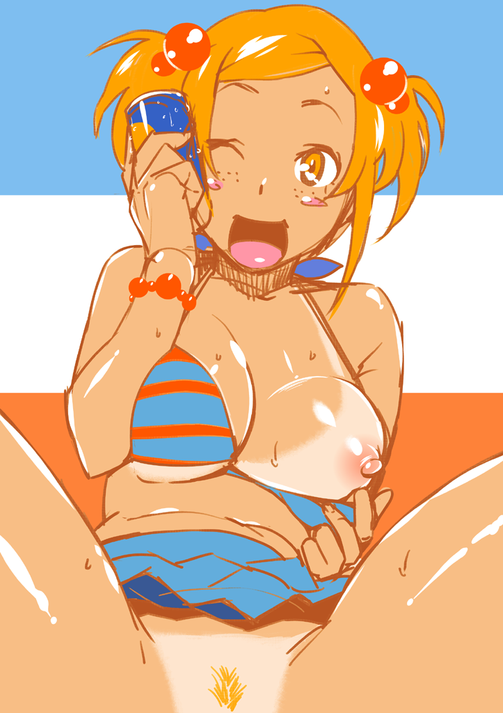 bad_id bad_pixiv_id bikini bikini_top blonde_hair blonde_pubic_hair breasts hair_bobbles hair_ornament large_breasts nipples ojo_(dfreak) one_eye_closed open_mouth orange_eyes orange_hair original pubic_hair smile solo striped striped_bikini sweat swimsuit tan tanline