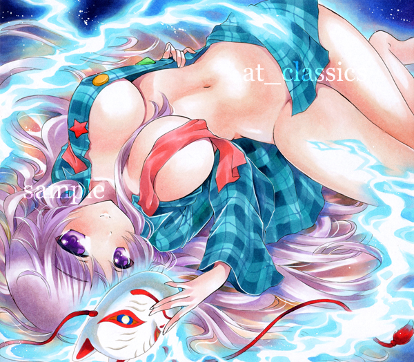 at_classics blush bottomless breasts circle fox_mask hata_no_kokoro large_breasts long_hair long_sleeves looking_at_viewer marker_(medium) mask no_bra open_clothes open_shirt plaid plaid_shirt purple_eyes purple_hair sample shirt smile solo star touhou traditional_media triangle