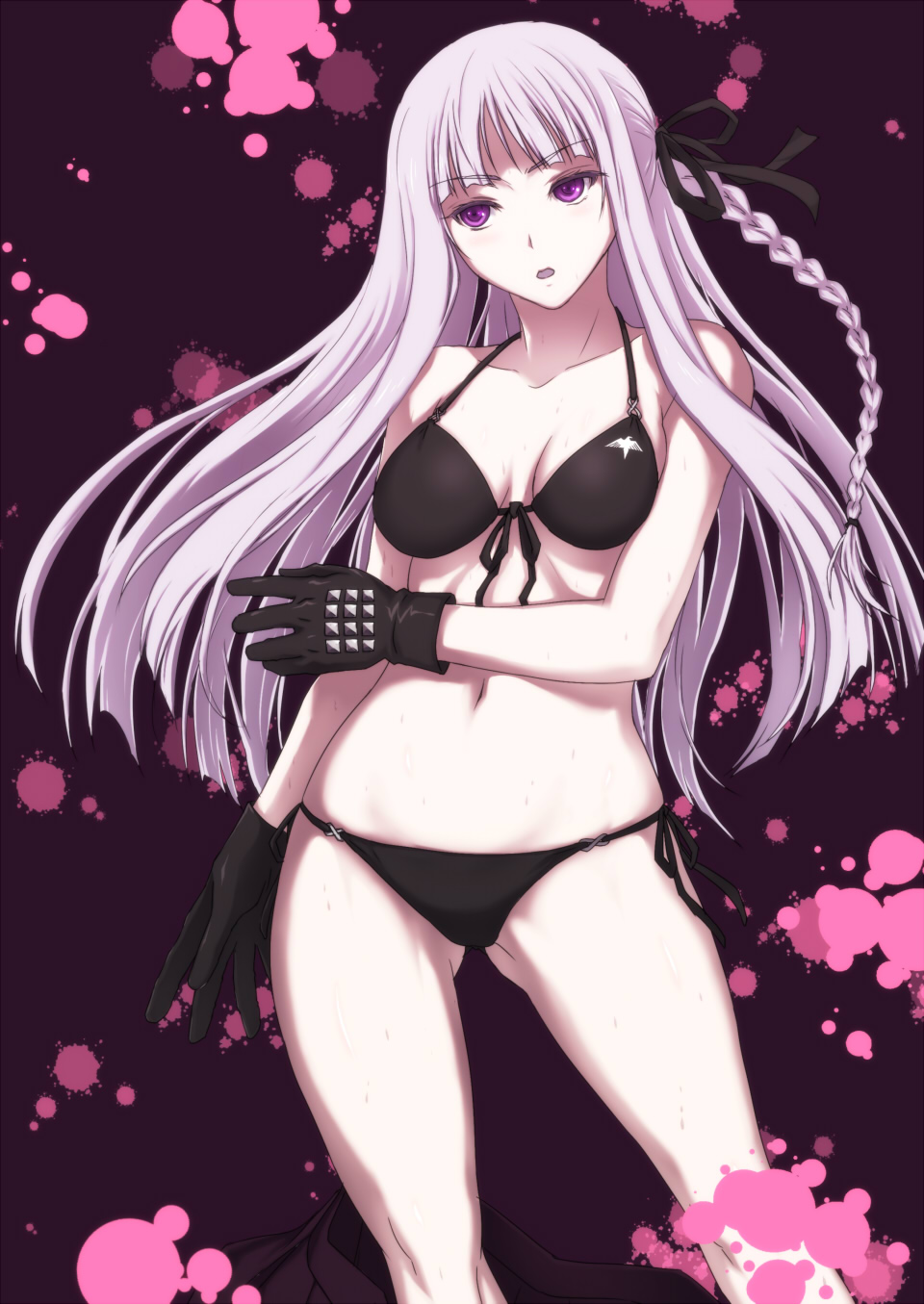 bikini black_bikini braid breasts danganronpa danganronpa_1 front-tie_top gloves hair_ribbon halterneck highres iga_tomoteru kirigiri_kyouko long_hair medium_breasts navel open_mouth purple_eyes purple_hair ribbon side-tie_bikini solo sweat swimsuit