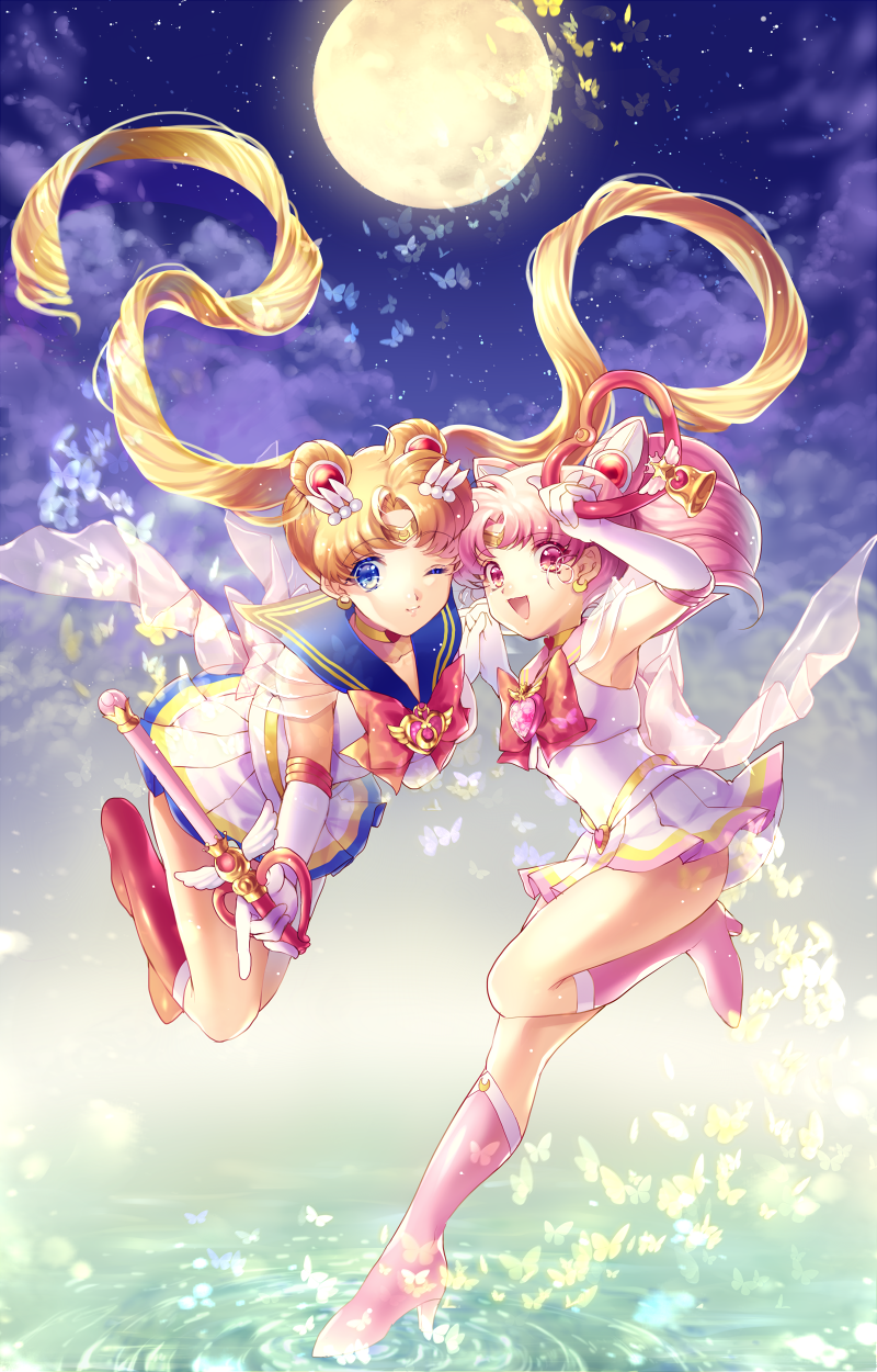 back_bow bishoujo_senshi_sailor_moon blonde_hair blue_eyes blue_sailor_collar boots bow bug butterfly chibi_usa choker cloud crescent crescent_earrings crystal_carillon earrings floating full_body full_moon gloves hair_ornament heart heart_choker highres holding holding_hands holding_wand insect interlocked_fingers jewelry kaleidomoon_scope knee_boots long_hair magical_girl momoshiki_tsubaki moon mother_and_daughter multicolored multicolored_clothes multicolored_skirt multiple_girls one_eye_closed open_mouth pink_eyes pink_footwear pink_hair pink_sailor_collar pleated_skirt red_bow ripples sailor_chibi_moon sailor_collar sailor_moon sailor_senshi sailor_senshi_uniform skirt smile standing standing_on_liquid super_sailor_chibi_moon super_sailor_moon tiara tsukino_usagi twintails very_long_hair wand water white_gloves yellow_choker