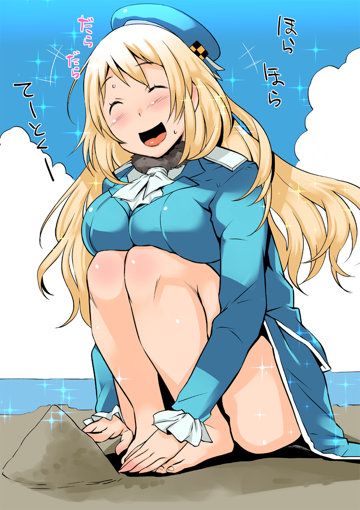 :d ^_^ atago_(kantai_collection) barefoot blonde_hair blue_hat blush breasts closed_eyes cloud day hat kantai_collection large_breasts long_hair military military_uniform no_legwear ojo_(dfreak) open_mouth sand sky smile solo sparkle squatting sweat uniform