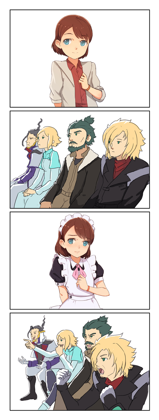 4boys asemu_asuno crossdressing fezarl_ezelcant flit_asuno gaijin_4koma gundam gundam_age highres jun_(goodgun7) kio_asuno maid multiple_boys otoko_no_ko unoa_asuno