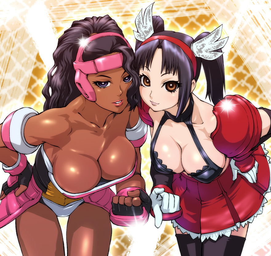 armband armor bangs bare_shoulders bikini_top black_hair black_legwear blue_eyes breasts bridal_gauntlets cheek-to-cheek cleavage cleavage_cutout clenched_hand dark_skin downblouse duplicate elbow_gloves faulds fighting_vipers fingerless_gloves gloves grace_(fighting_vipers) grin hair_ornament hairband halterneck hand_on_hip hands headgear high_ponytail honey_(fighting_vipers) lace lace-trimmed_skirt large_breasts leaning_forward leotard lipstick long_hair looking_at_viewer makeup midriff multiple_girls orange_eyes parted_bangs pauldrons pleated_skirt pointing ponytail scrunchie shiny shiny_skin shoulder_armor sideboob skirt smile sparkle spaulders standing thighhighs twintails ueyama_michirou wavy_hair yellow_background