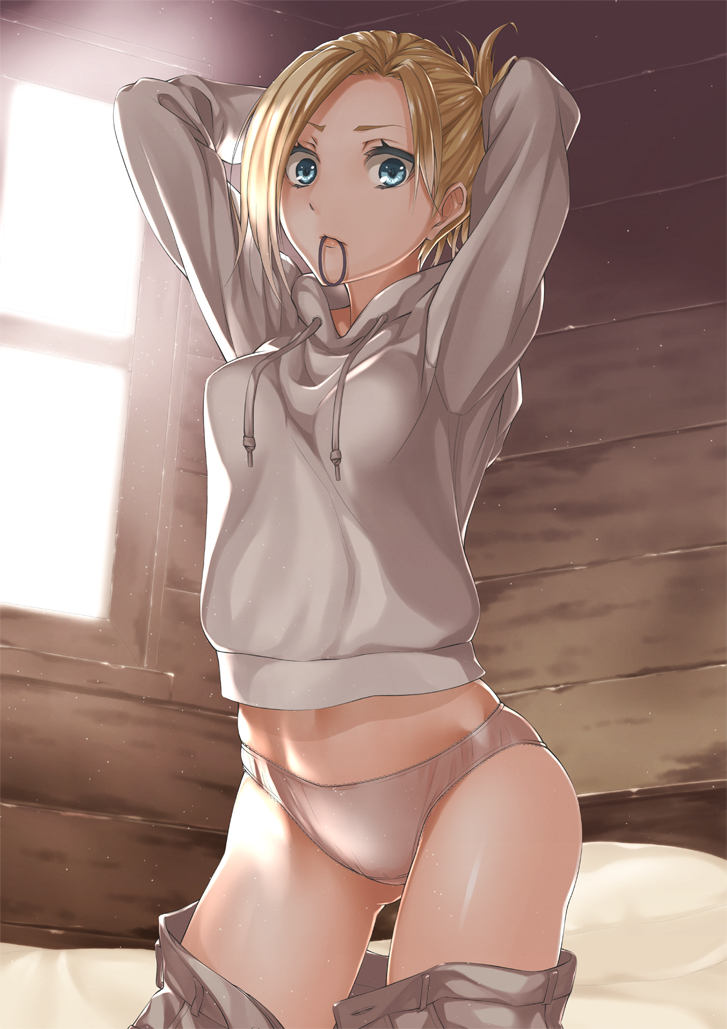 adjusting_hair annie_leonhardt arms_behind_head ass_visible_through_thighs bed blonde_hair blue_eyes hood hoodie hyp long_sleeves mouth_hold panties shingeki_no_kyojin short_hair solo underwear white_panties window