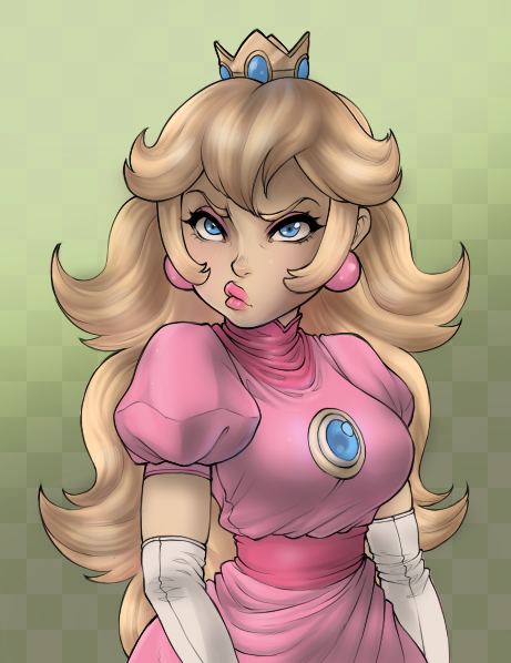 blonde_hair blue_eyes breasts collaboration colorized crown dress earrings elbow_gloves gloves jewelry large_breasts lips lipstick lm_(legoman) long_hair makeup mario_(series) pink_dress princess_peach puckered_lips sash solo super_mario_bros. umbrz white_gloves