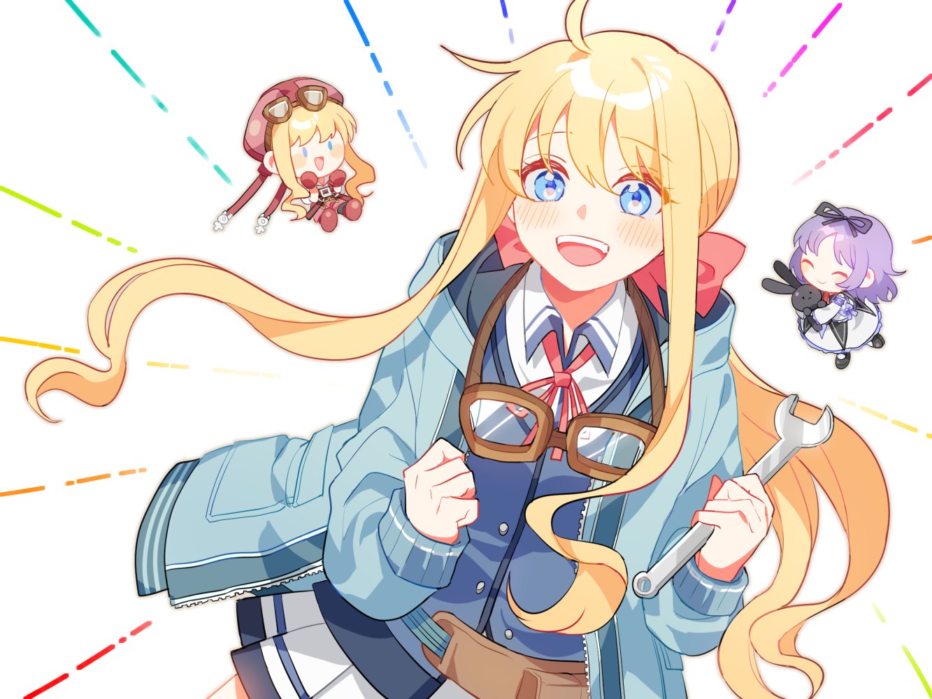 1girl ahoge blonde_hair blue_eyes blush_stickers bow clenched_hand collared_shirt cowboy_shot doll eiyuu_densetsu eyebrows_visible_through_hair eyes_closed goggles goggles_around_neck hair_between_eyes hair_bow hat jacket long_sleeves looking_at_viewer miniskirt neck_ribbon open_mouth pleated_skirt purple_hair renne ribbon sakuraihum sen_no_kiseki sen_no_kiseki_3 shirt short_hair_with_long_locks sidelocks simple_background skirt smile sora_no_kiseki stuffed_animal stuffed_bunny stuffed_toy tita_russell vest white_background wrench