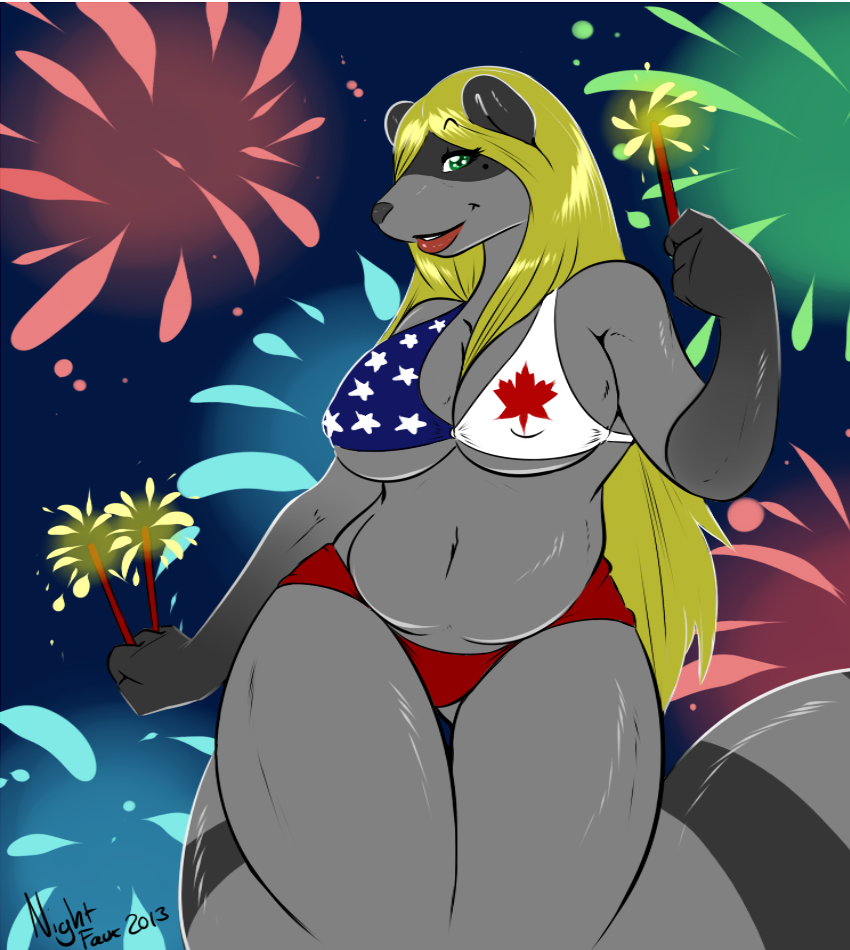 4th_of_july america beauty_mark big_breasts black_nose blonde_hair breasts canada canada_day chubby cleavage clothed clothing female fireworks fur green_eyes grey_fur hair lips long_hair looking_at_viewer mammal milf mother naomi_rasputin navel nightfaux parent raccoon skimpy solo thick_thighs thighs under_boob underwear voluptuous wide_hips