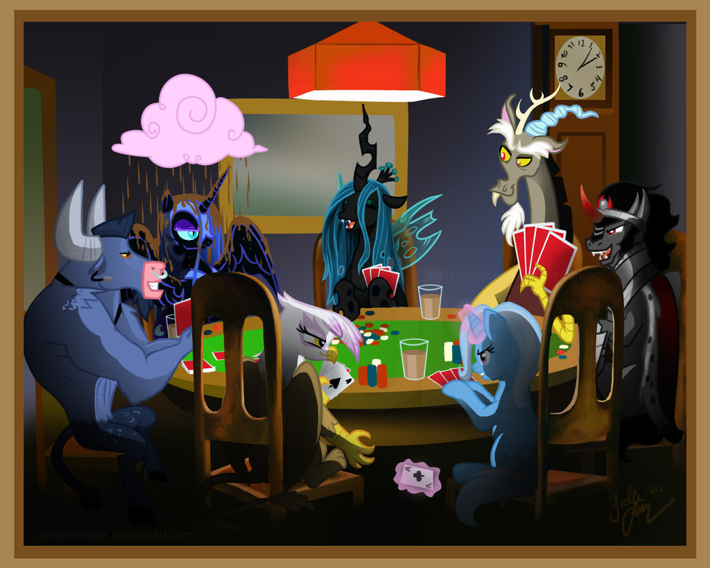 &#9824; &#9827; &clubs; &spades; antler antlers armor avian beak black_hair blue_eyes blue_hair bovine card cards cattle ceiling_lights chair changeling cheating claws clock clothing cloud crown discord_(mlp) doorway draconequus equine eyes_closed facial_piercing fangs female feral friendship_is_magic fur gilda_(mlp) glass glowing green_hair group gryphon hair helmet horn horse inside iron_will_(mlp) joellethenose king_sombra_(mlp) light long_hair magic male mammal minotaur my_little_pony nightmare_moon_(mlp) nose_piercing nose_ring open_mouth piercing playing_card poker poker_chips poker_table pony princess purple_eyes queen_chrysalis_(mlp) rain red_eyes royalty sitting smile table teeth tongue trixie_(mlp) two_tone_hair unicorn winged_unicorn wings yellow_eyes