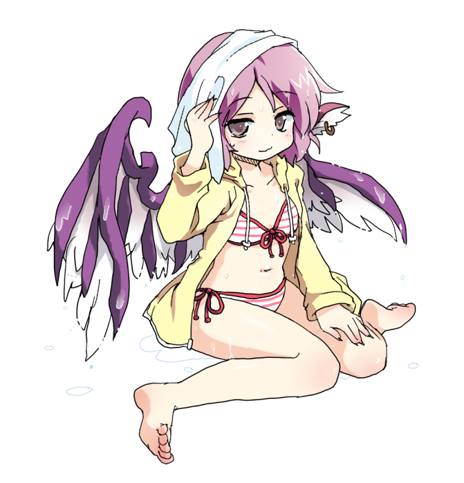 :3 animal_ears asyura7 bad_id bad_pixiv_id bare_legs barefoot bikini front-tie_top full_body hand_on_thigh mystia_lorelei navel purple_eyes purple_hair short_hair side-tie_bikini sitting solo striped striped_bikini swimsuit touhou towel wariza wet white_background wings