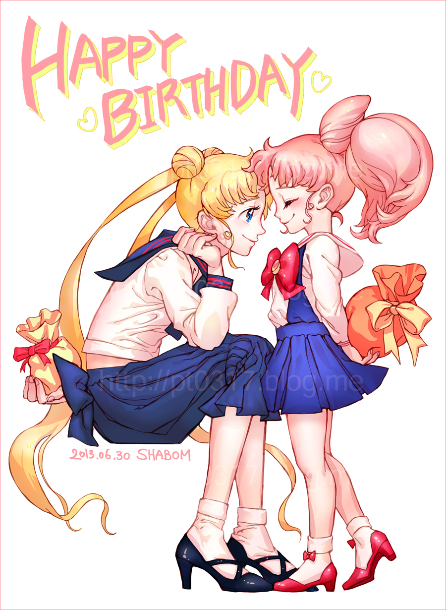 2girls arms_behind_back artist_name back_bow bishoujo_senshi_sailor_moon blonde_hair blue_eyes blue_sailor_collar border bow bowtie chibi_usa dated from_side full_body gift happy_birthday high_heels highres juuban_high_school_uniform long_hair multiple_girls pleated_skirt red_bow red_footwear sailor_collar school_uniform serafuku shabomu shoes sitting skirt socks tsukino_usagi twintails very_long_hair watermark web_address white_background white_legwear