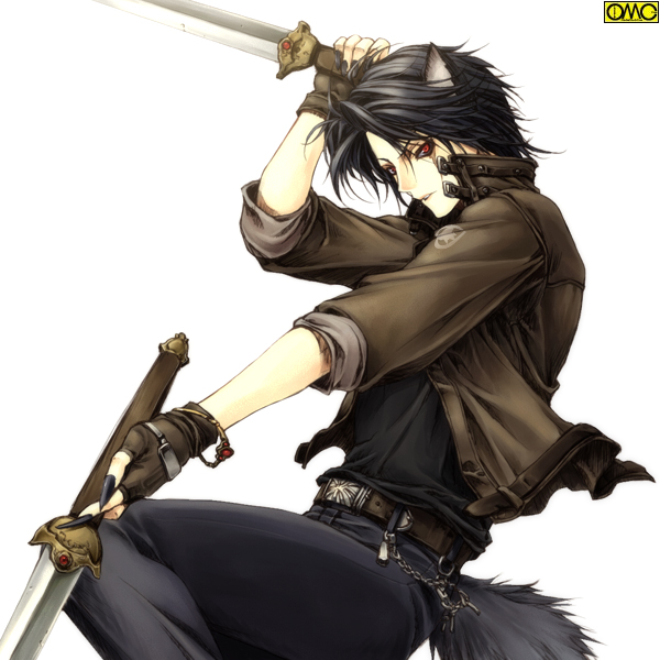 animal_ears artist_request copyright_request fingerless_gloves gloves male_focus omc red_eyes solo sword tail weapon