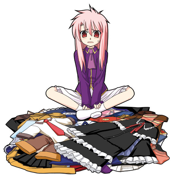 clothes clothes_on_floor dress fate/stay_night fate_(series) genderswap genderswap_(mtf) indian_style kaze_shibuki long_hair messy_hair necktie no_shoes personality_switch pink_hair red_eyes shirouko simple_background sitting skirt socks solo v_arms