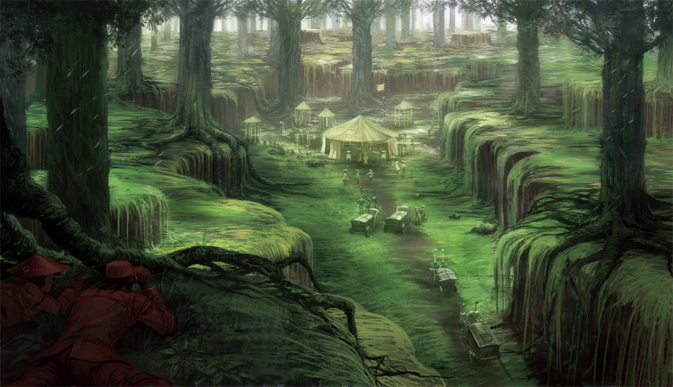 akatsuhara_empire camp cart forest multiple_boys nagashima_(pixiv_fantasia) nature noba pixiv_fantasia pixiv_fantasia_3 roots scenery tree wagon