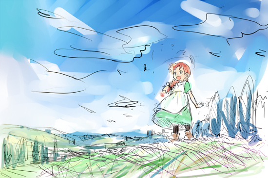 child cloud copyright_request day field nonaka_yuu sketch sky solo tree
