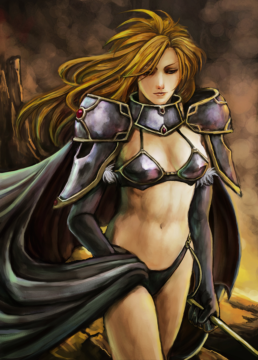 armor bad_id bad_pixiv_id bikini_armor blonde_hair brandish brown_eyes cape dela_delon elbow_gloves gloves hamoto highres lips long_hair midriff navel polearm solo staff weapon