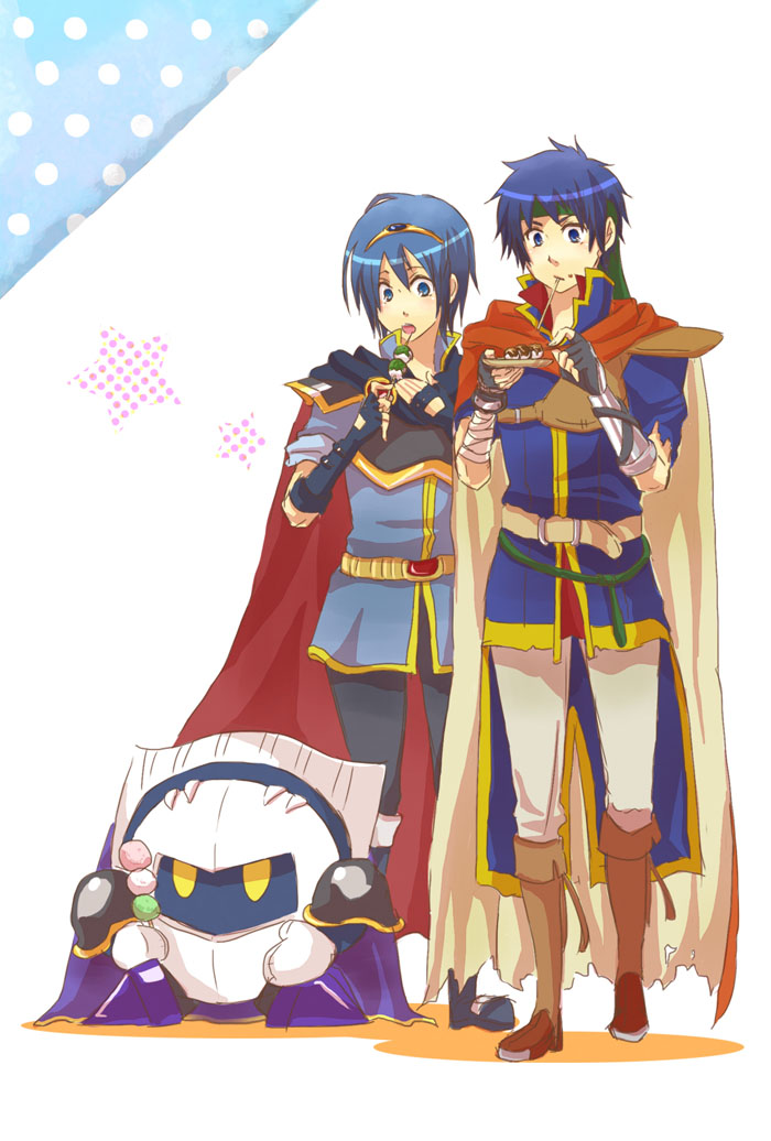 armor bad_id bad_pixiv_id belt blue_eyes blue_hair cape dango eating fingerless_gloves fire_emblem fire_emblem:_monshou_no_nazo fire_emblem:_souen_no_kiseki food food_on_face gloves headband ike kirby_(series) marth meta_knight multiple_boys open_mouth ramuneumai shoulder_pads super_smash_bros. tiara wagashi