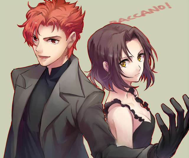 1girl baccano! bad_id bad_pixiv_id brown_hair chane_laforet claire_stanfield dress gloves karimero_(calimer0) red_eyes red_hair short_hair yellow_eyes