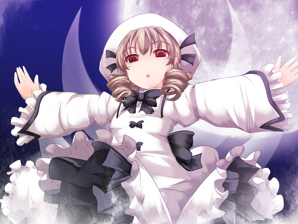 :o blonde_hair bow dress drill_hair full_moon hair_bow hat long_sleeves luna_child moon night night_sky open_mouth outstretched_arms red_eyes short_hair sky solo tano touhou wings