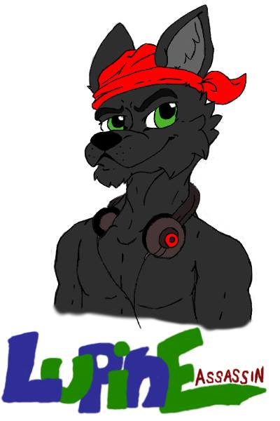 bandanna biceps black_fur black_nose bust canine cookiekangaroo fur green_eyes grin headphones looking_at_viewer lupine_assassin male mammal muscles pecs pose smile solo topless wolf