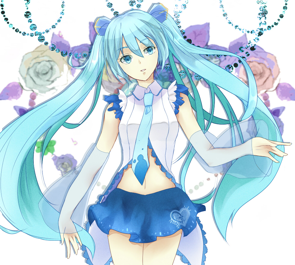 aqua_eyes aqua_hair bad_id bad_pixiv_id detached_sleeves hatsune_miku head_tilt long_hair navel necktie ru see-through skirt solo twintails very_long_hair vocaloid