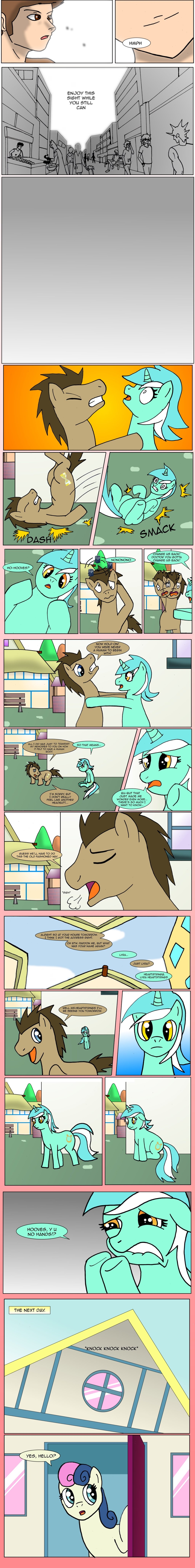 blue_eyes bonbon_(mlp) brown_fur brown_hair building comic cutie_mark dialog doctor_whooves_(mlp) edowaado english_text equine eyes female feral friendship_is_magic fur grab green_fur group hair horn horse human humanized lyra_(mlp) lyra_heartstrings_(mlp) male mammal my_little_pony outside pony standing text two_tone_hair unicorn white_fur window yellow_eyes