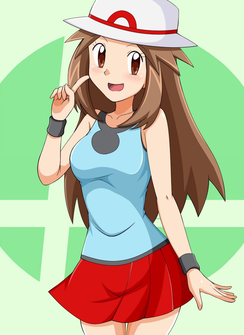 bare_shoulders blue_(pokemon) blue_shirt blush breasts brown_eyes brown_hair cowboy_shot creatures_(company) cute female game_freak happy hat kuro_hopper long_hair medium_breasts miniskirt nintendo open_mouth pokemon pokemon_(game) pokemon_frlg red_skirt shirt skirt sleeveless sleeveless_shirt smile solo standing super_smash_bros. super_smash_bros._ultimate