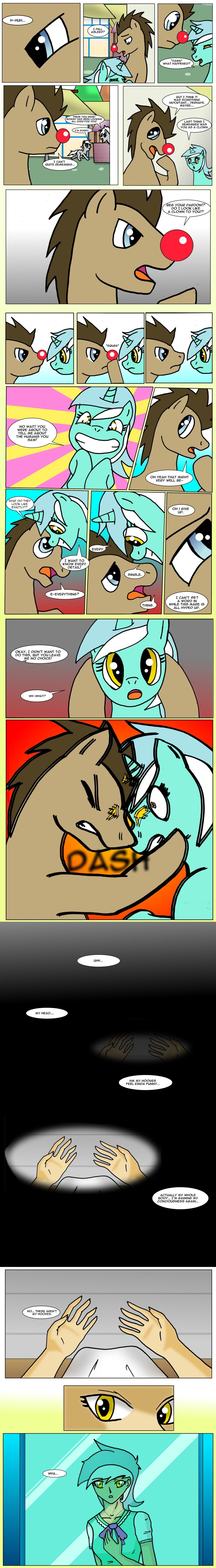 blue_eyes brown_fur brown_hair comic dialog doctor_whooves_(mlp) edowaado english_text equine eyes female feral friendship_is_magic fur green_fur group hair horn horse human humanized lyra_(mlp) lyra_heartstrings_(mlp) male mammal my_little_pony outside pony smile text two_tone_hair unicorn yellow_eyes