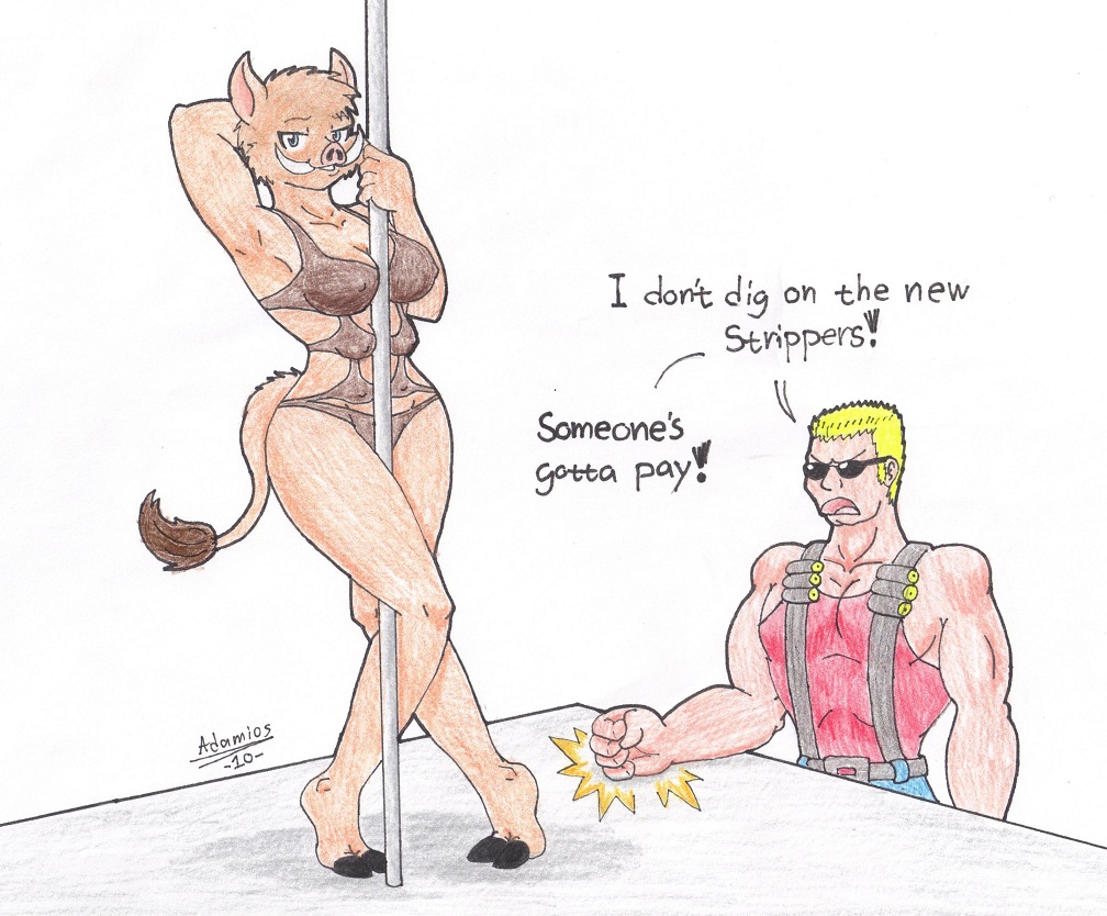 adamios angry boar bra breasts duke_nukem eyewear female human male mammal multi_breast pencils pig pole porcine stripper stripper_pole sunglasses tusks underwear