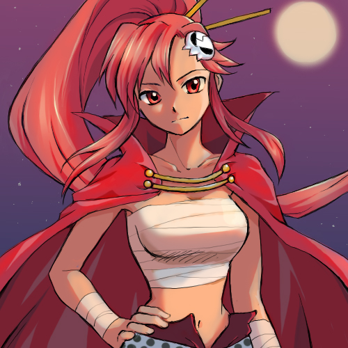 alternate_eye_color bandages cape cosplay full_moon hair_ornament hand_on_hip kamina kamina_(cosplay) long_hair lowres midriff moon navel neko_yuuko night ponytail red_eyes red_hair sarashi skull_hair_ornament solo tengen_toppa_gurren_lagann yoko_littner