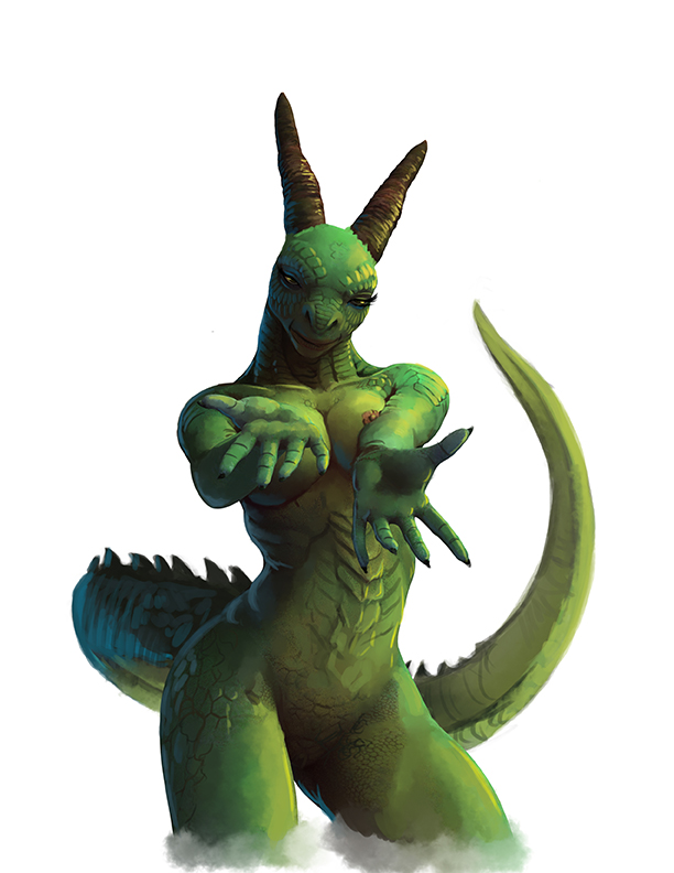 breasts dragon female front hairless hands_forward hattonslayden horn looking_at_viewer nipples non-mammal_breasts nude plain_background pose scalie seductive solo standing white_background