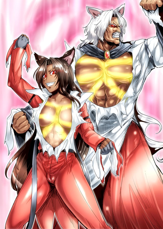1girl animal_ears belt black_hair clenched_hand clenched_teeth collarbone cosplay costume_switch crossdressing crossover glowing imaizumi_kagerou kanji long_hair long_sleeves muscle open_clothes open_shirt red_eyes rugal_bernstein rugal_bernstein_(cosplay) sagattoru shirt smile tan teeth the_king_of_fighters torn_clothes torn_shirt touhou white_shirt wolf_ears