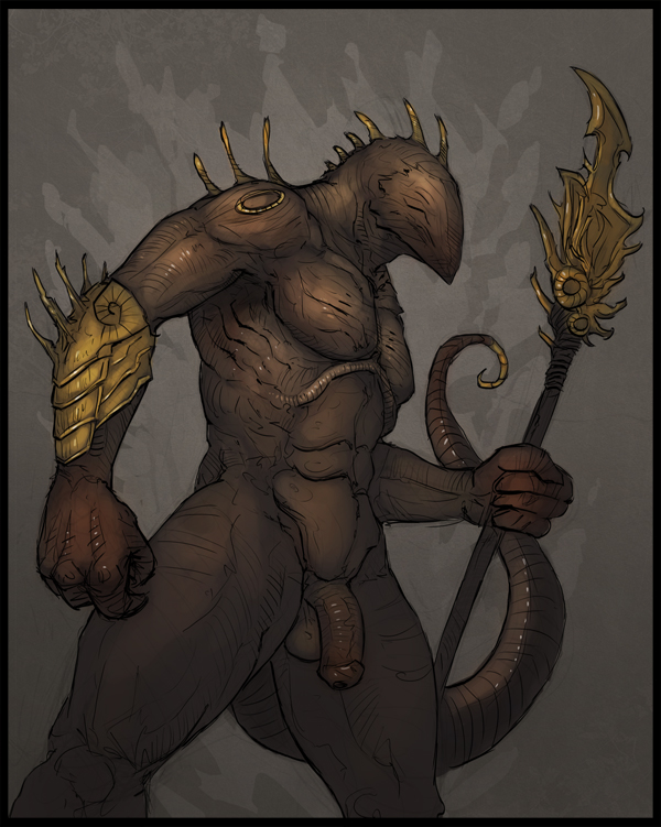 abstract_background anthro armor bipedal border bracers brown_penis brown_scales brown_skin curled_tail demon digital_painting_(art) faceless fist flaccid front_view fundles grey_background head_spikes holding humanoid male melee_weapon metallic nude penis plain_background polearm solo spikes standing thick_tail three-quarter_portrait three-quarter_view unknown_species