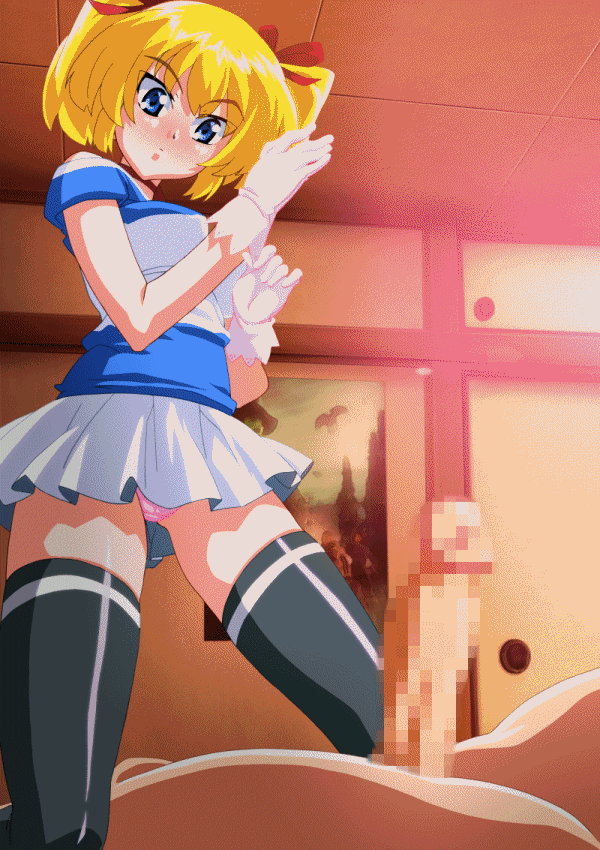 1girl angry animated animated_gif blonde_hair blue_eyes bouncing_breasts breasts censored clothed_female_nude_male erogos gloves handjob hetero large_breasts mahotama miki_(mahotama) mosaic_censoring panties penis twintails underwear