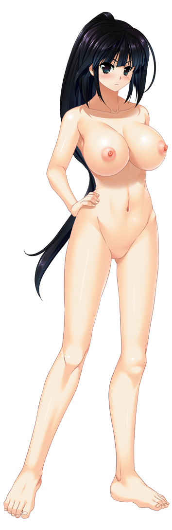 1girl areolae barefoot black_eyes black_hair blush breasts feet full_body game_cg hakkyou_taima_miko:_hakkyou_taima_miko hand_on_hip hips large_breasts legs long_hair looking_at_viewer maki_yahiro navel nipples no_pussy nude ponytail simple_background solo standing thighs toes transparent_background