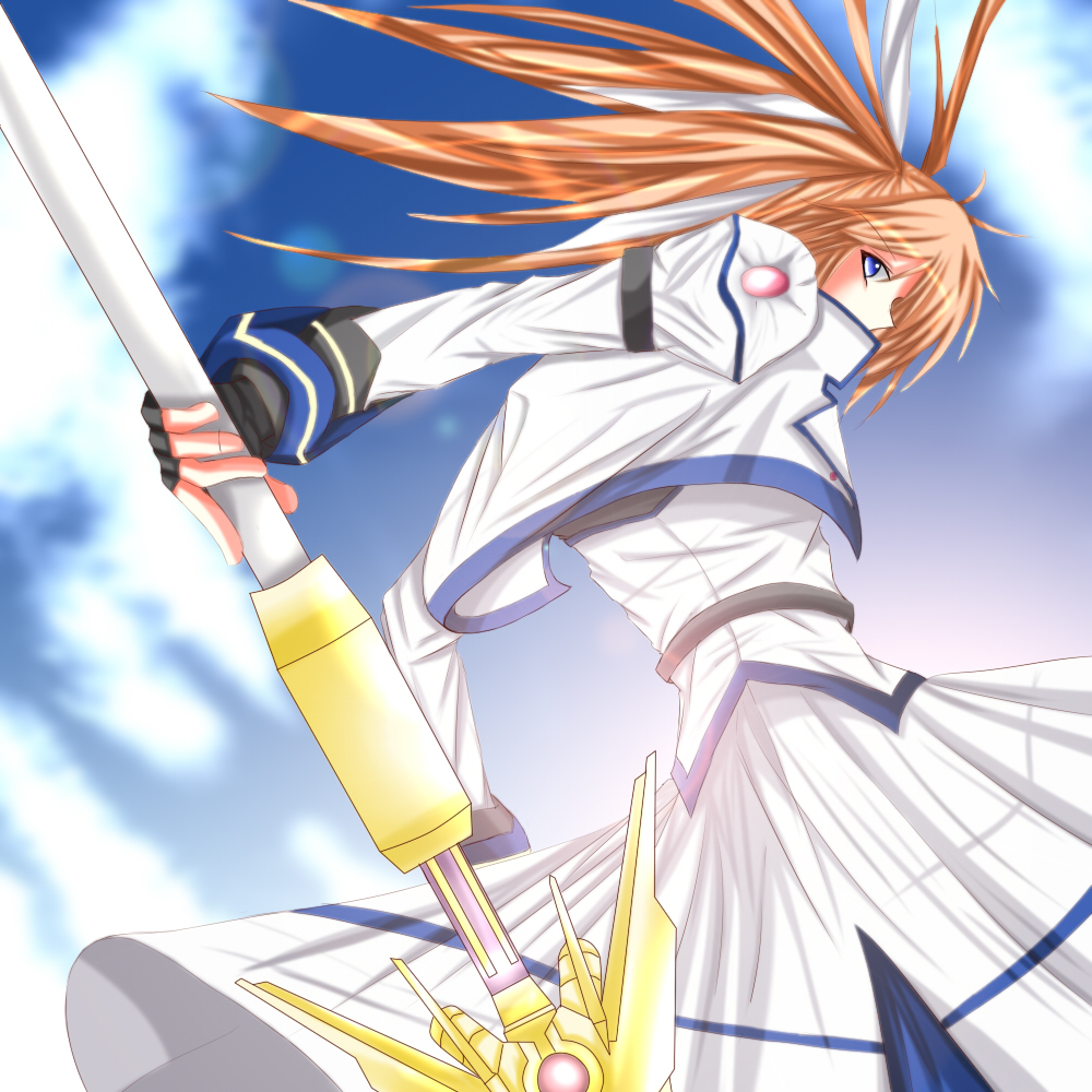 artist_request blue_sky emblem from_behind holding holding_weapon long_hair long_sleeves looking_back lyrical_nanoha magical_girl mahou_shoujo_lyrical_nanoha_strikers raising_heart rod sky solo staff takamachi_nanoha twintails uniform very_long_hair weapon