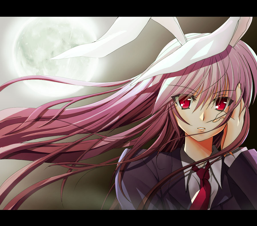 animal_ears bad_id bad_pixiv_id bunny_ears full_moon hand_on_own_face letterboxed long_hair looking_at_viewer moon necktie parted_lips purple_hair red_eyes red_neckwear reisen_udongein_inaba solo toho_(a) touhou upper_body wind