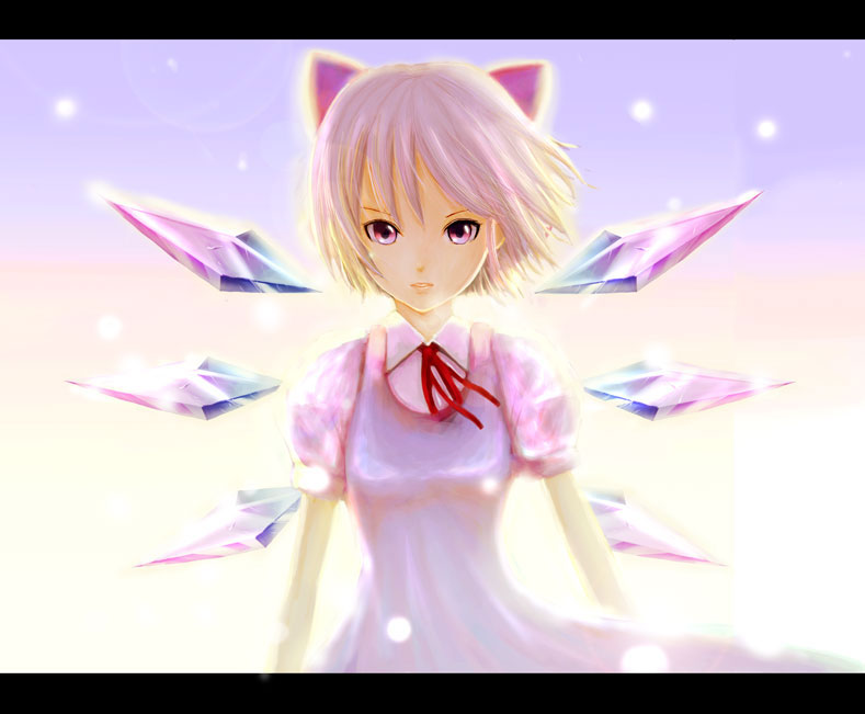 bad_id bad_pixiv_id cirno dress lens_flare letterboxed light_particles looking_at_viewer neck_ribbon parted_lips purple_eyes ribbon serious short_hair silver_hair solo toho_(a) touhou upper_body wings