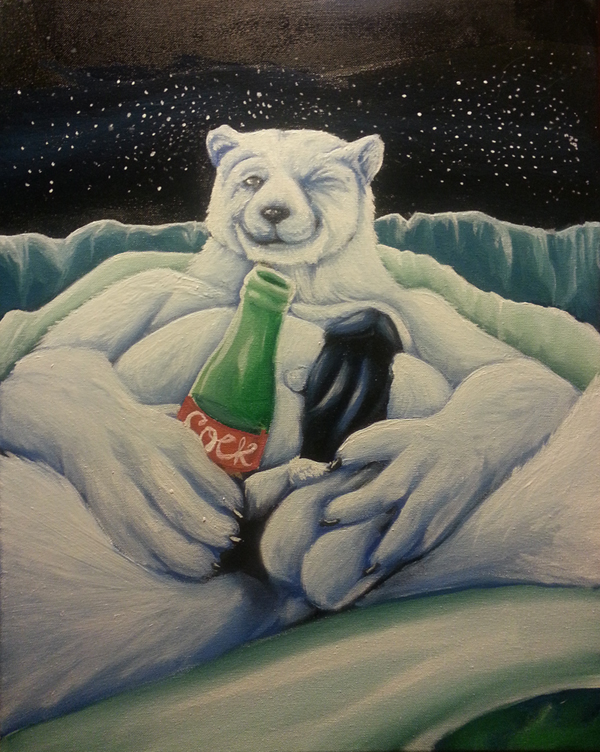 anthro bear bottle coca-cola erection grin male mammal mascot mascots nude outside penis polar_bear solo traditional_media unknown_artist
