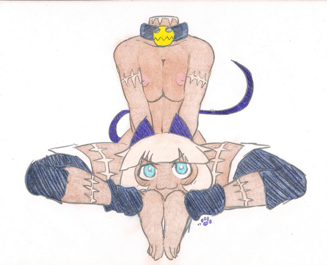 animal_ears breasts cat_ears collar colored_pencil_(art) crosslegged female headless marker_(art) mixed_media ms._fortune ms_fortune nude plain_background scar skullgirls smile traditional_media