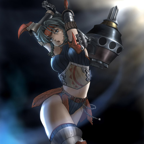 :o angry armband armor arms_up asymmetrical_clothes bangs belt black_hair blue_eyes boyshorts braid breasts chain crop_top curvy elbow_gloves fighting_stance forehead_protector foreshortening gloves hammer headband holding huge_weapon impossible_clothes impossible_shirt kuroobi_(armor) large_breasts leaning looking_at_viewer lowres midriff monster_hunter navel open_mouth parted_bangs shirt shorts sleeveless sleeveless_turtleneck solo spikes standing striped thighhighs thighs turtleneck wancozow weapon