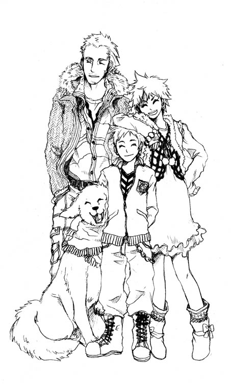 2boys ^_^ artist_request boney boots character_request closed_eyes dog duster_(mother) facial_hair greyscale jacket kumatora monochrome mother_(game) mother_3 multiple_boys scarf smile tomboy winter_clothes