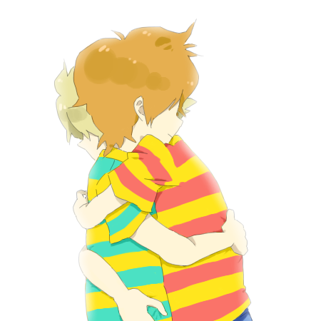 artist_request blonde_hair claus hug lowres lucas mother_(game) mother_3 multiple_boys orange_hair shirt siblings striped striped_shirt twins