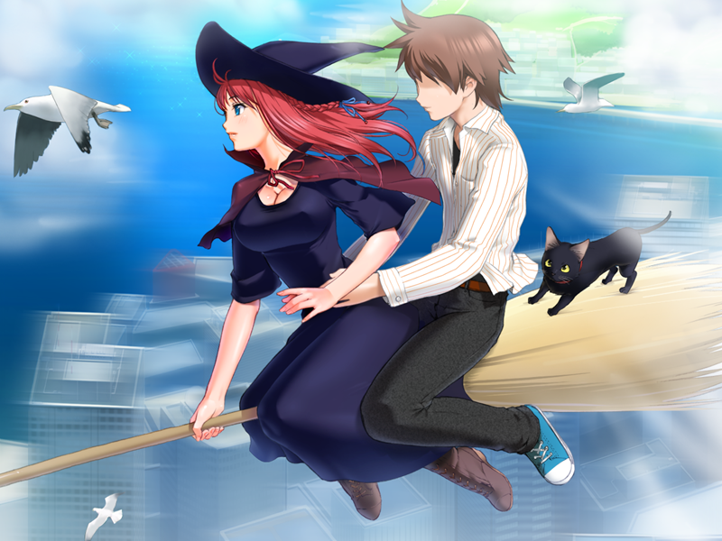 1girl amanogawa_subaru bird blue_eyes braid breasts broom cat cleavage game_cg hat large_breasts majodou red_hair sano_toshihide seagull witch_hat