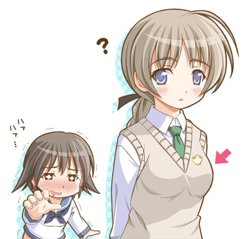 ? artist_request blue_eyes blush directional_arrow drooling lowres lynette_bishop miyafuji_yoshika multiple_girls necktie saliva school_uniform serafuku short_hair strike_witches world_witches_series you_gonna_get_raped